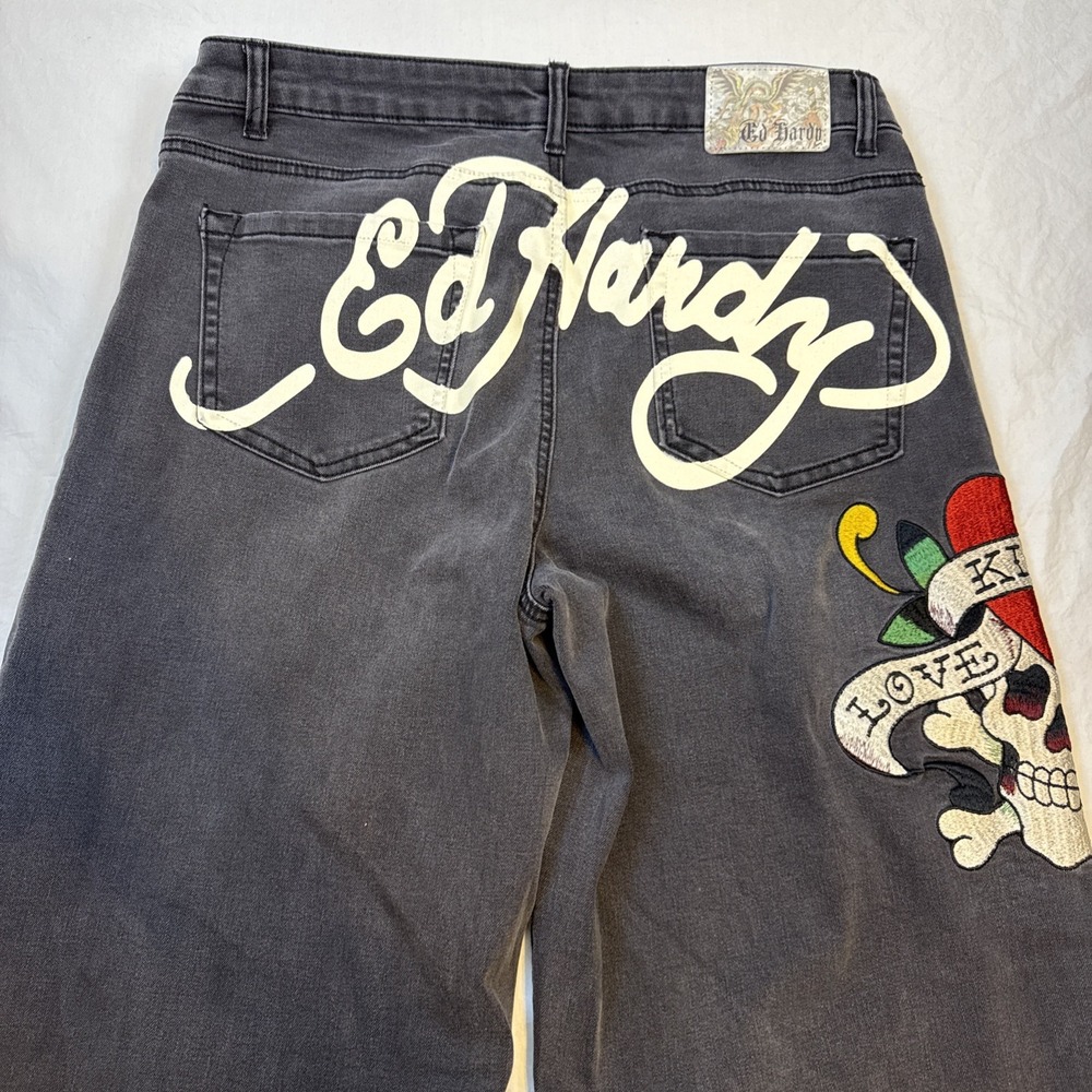 Ed Hardy JEANS MEN 32 Love Kills Slowly Black Wide Leg Embroidered Skull Y2K